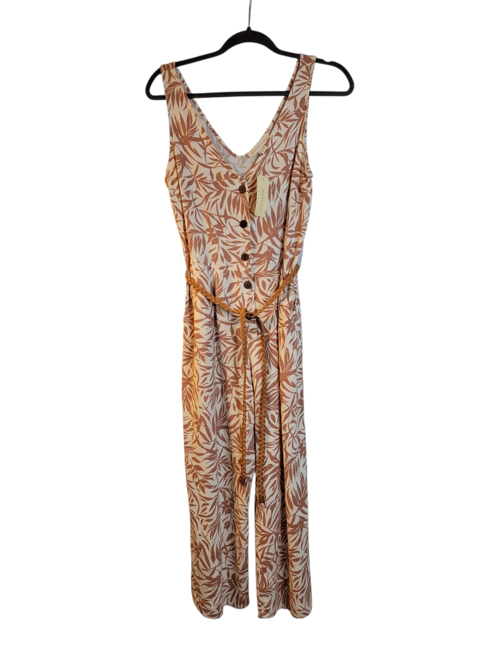 Monteau tan leaf print sleeveless jumpsuit Size M NWT